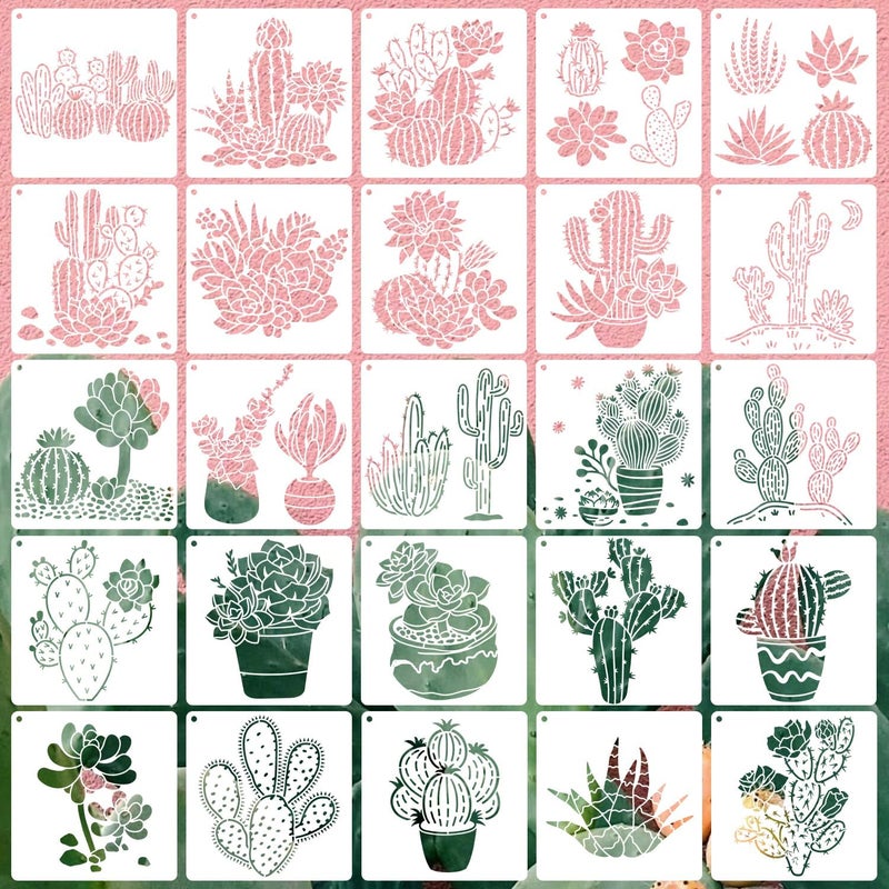 Resflyar 25 PCS Cactus Stencils Reusable Summer Cacti Stencils for Painting on Wood, Tropical Succulent Template for Painting on Furniture Wall Floor Canvas DIY Craft Home Decor, 6 x 6 Inch - Image 1